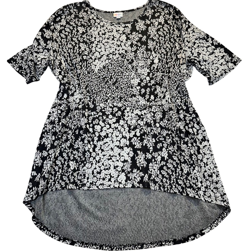 LuLaRoe Perfect T Tunic Top Womens XL Black White Floral High Low Shirt